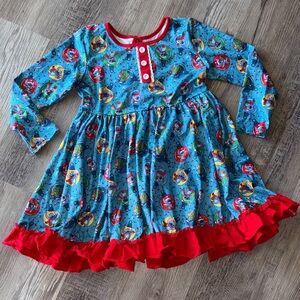 Blue Alien Christmas Print Dress with Red Ruffle Hem